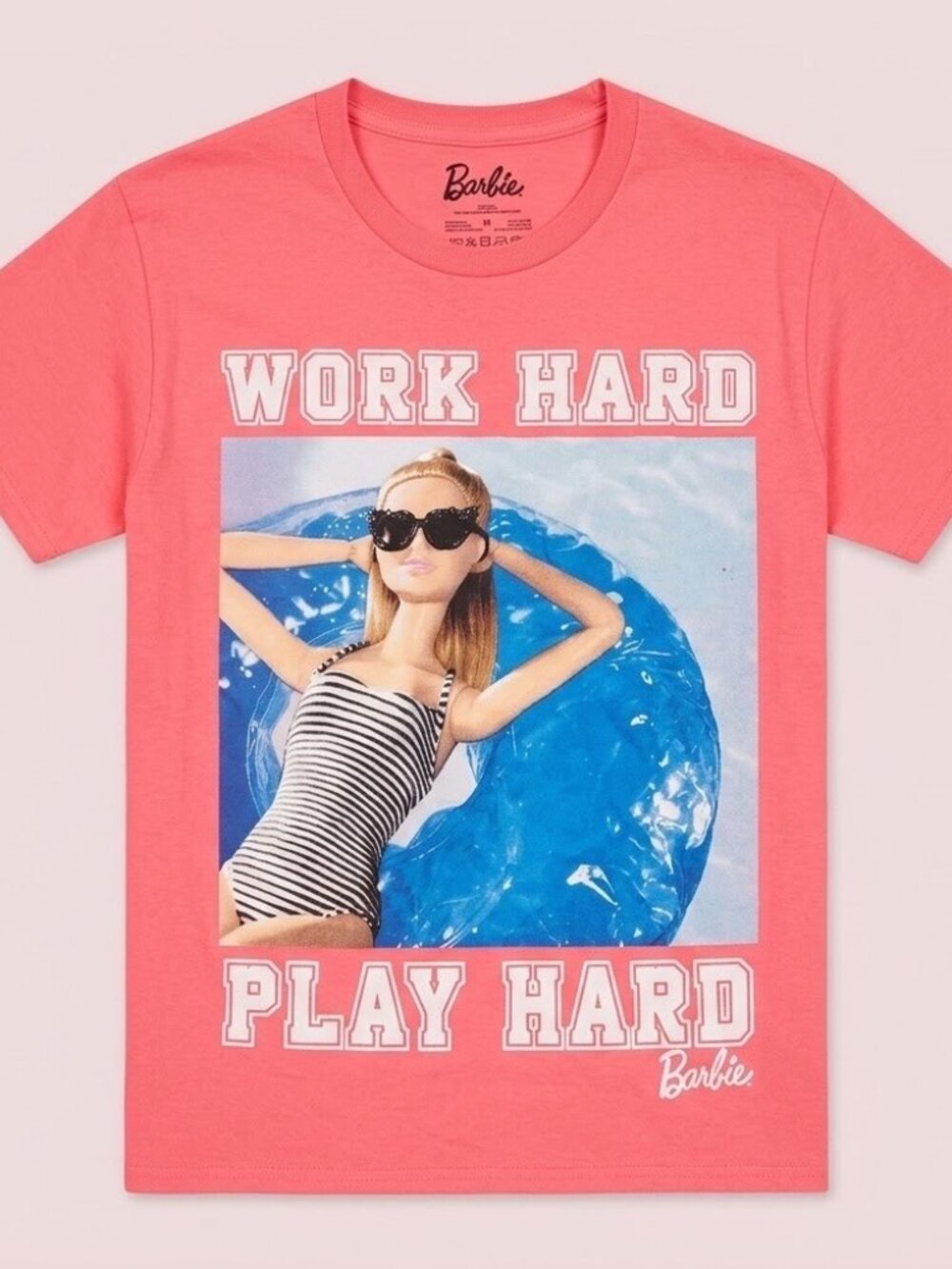 NWT Barbie Neon Pink Work Hard Play Hard Pool Graphic Tee